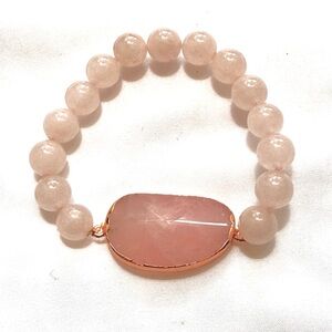 Rose Quartz Gemstone Elastic Bracelet Gold Accent, Natural Stone Pink Bracelet